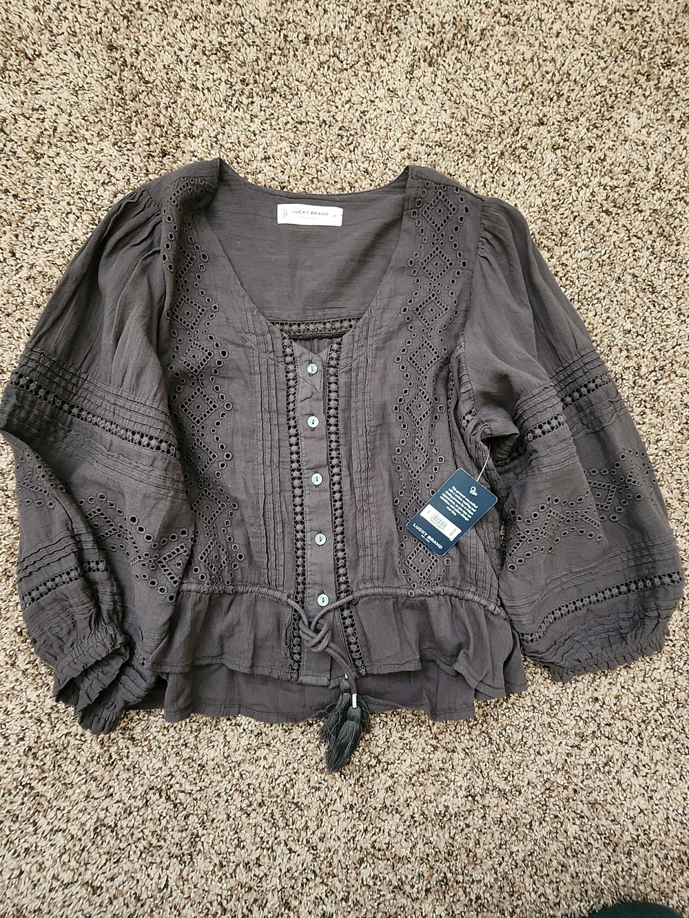 Lucky Brand Charcoal Eyelet Peasant Blouse